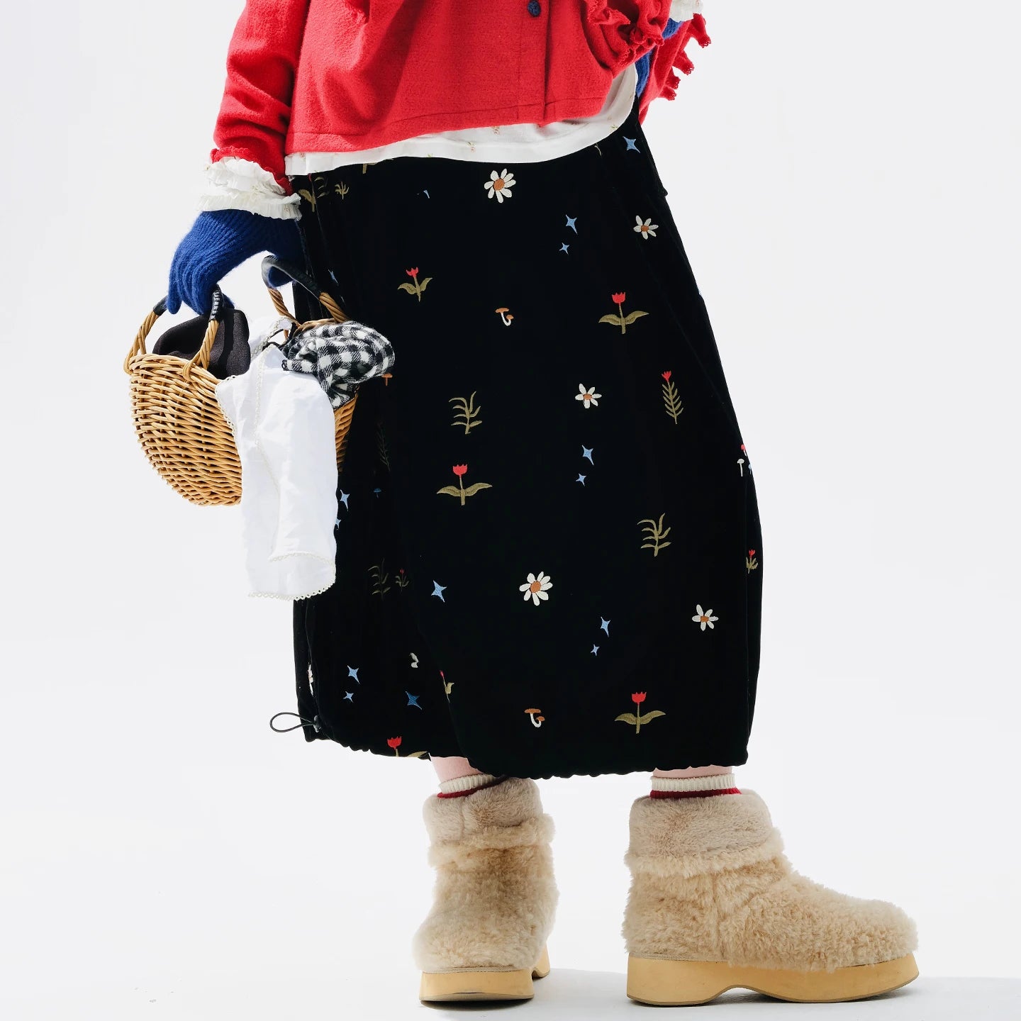 Embroidered Floral Midi Skirt, Vintage Velvet, Daily Outing, Mori - style Healing Vibe 255288