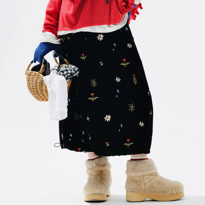 Embroidered Floral Midi Skirt, Vintage Velvet, Daily Outing, Mori - style Healing Vibe 255288