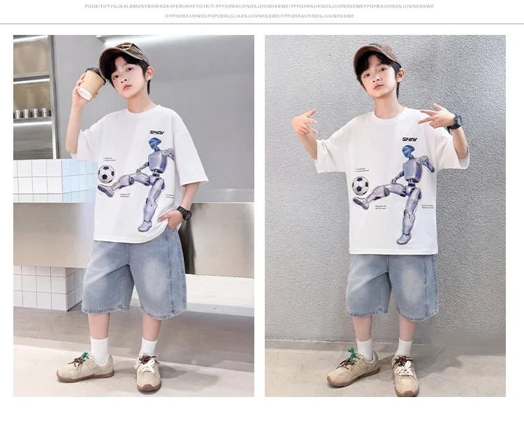 Tween Boys Summer Sets Clothing Child Tshirt Denim Shorts Two Pieces Sports Suit For Kids Teenagers 5 6 7 8 9 10 11 12 13 14 Yrs