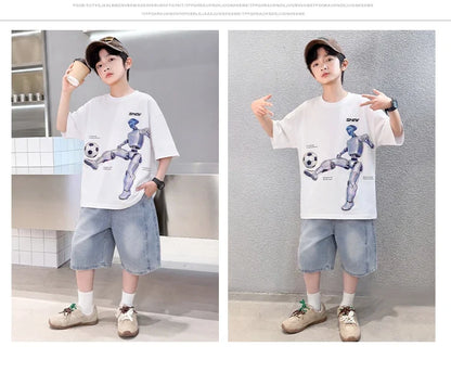 Tween Boys Summer Sets Clothing Child Tshirt Denim Shorts Two Pieces Sports Suit For Kids Teenagers 5 6 7 8 9 10 11 12 13 14 Yrs
