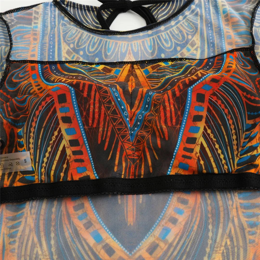 S - XXL Printed Long Sleeve With Sarong One Piece Swimsuit Women Swimwear Female Flowers Padded Bather Bathing Suit Swim V7181