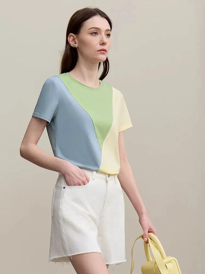 O-Neck Women's T-Shirt 2026 Summer New Stretch Cotton Tee Color Block Versatile Casual Straight Short Sleeve Tops 12622177