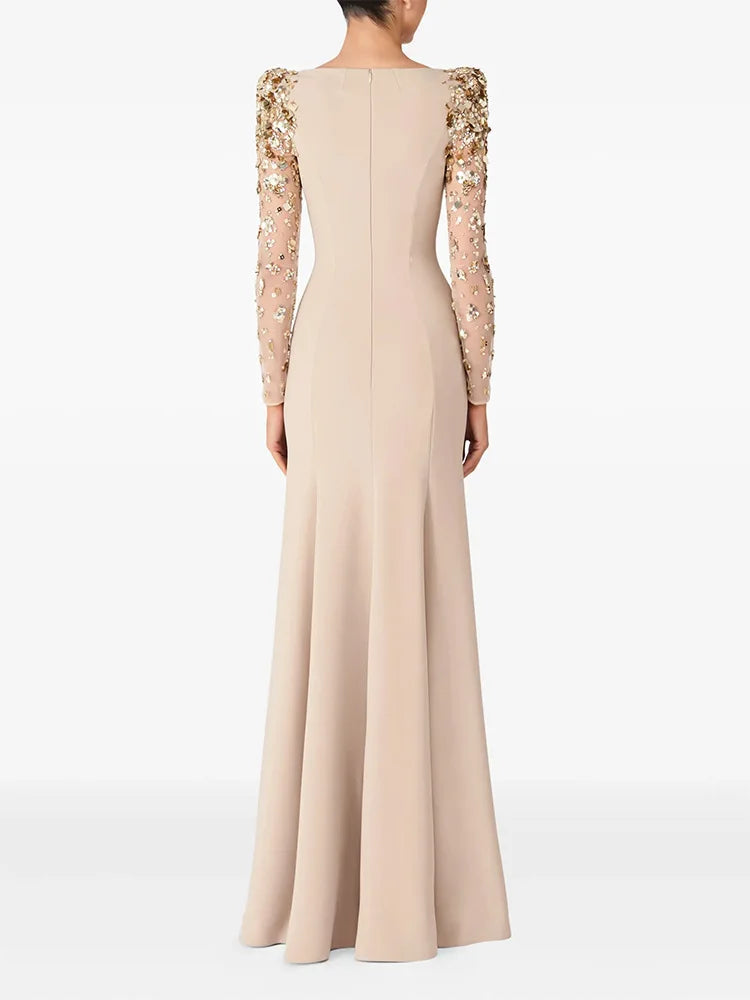HIGH STREET Newest Fashion 2026 Designer Party Vestido Women's Spliced Mesh Diamonds Beaded Long Sleeved Maxi Long Dress