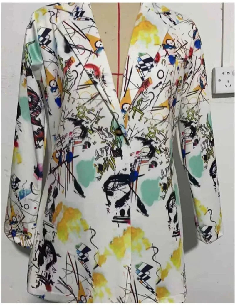 Elegant and Youth Blazer Spring Fashion Vintage Irregular Print Casual Woman Clothing High Street Lapel Blazer Woman Outerwears