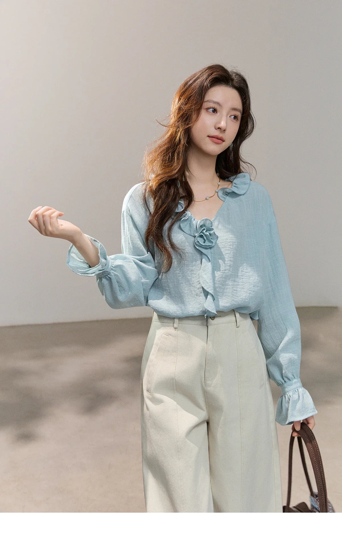 Women's Asymmetric Ruffled V-neck Shirt Spring Light Blue Floral Applique Ruffle Cuffs Top Elegant Loose Shirt MXF14C2448