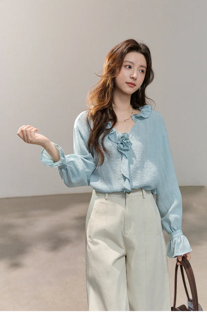 Women's Asymmetric Ruffled V-neck Shirt Spring Light Blue Floral Applique Ruffle Cuffs Top Elegant Loose Shirt MXF14C2448