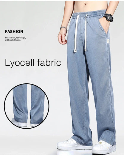 Summer Thin Loose Wide-leg Men Jeans Soft Lyocell Elastic Fashion Casual Straight Drawstring Denim Trousers Black Blue Gray