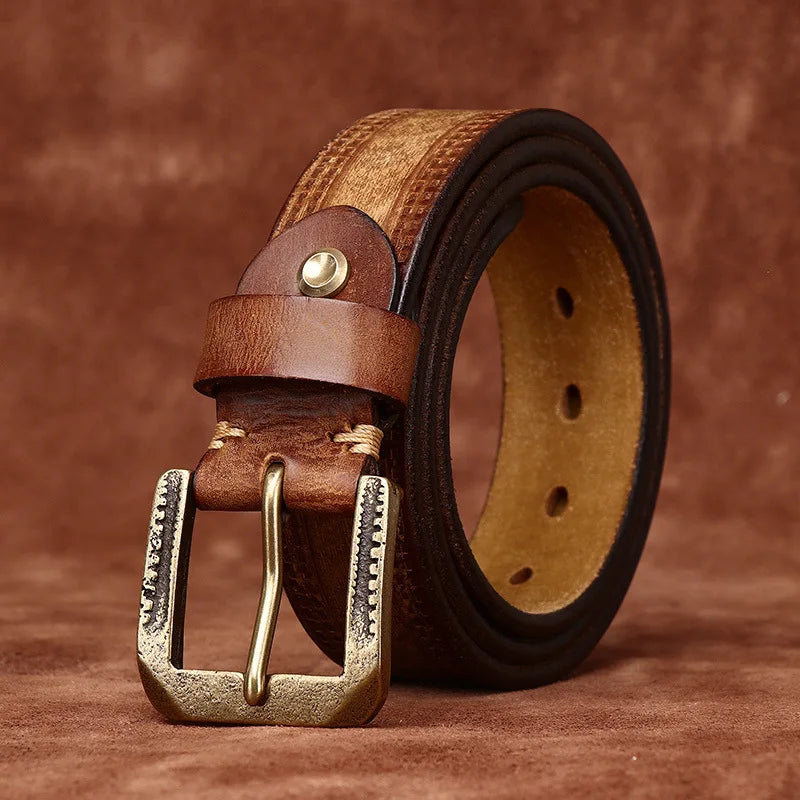 3.8CM Pure Cowhide High Quality Genuine Leather Belts for Men Brand Strap Male Brass Retro Buckle Jeans Cowboy Cintos Luxury