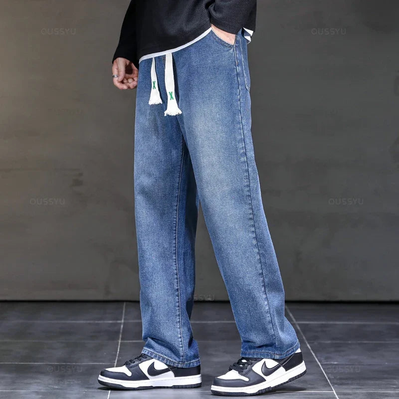 2025 New Autumn Winter Jeans Men Loose Straight Drawstring Elastic Waist Casual Denim Trousers Male Thick Pants Large Size M-5XL