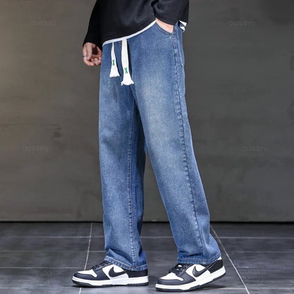 2025 New Autumn Winter Jeans Men Loose Straight Drawstring Elastic Waist Casual Denim Trousers Male Thick Pants Large Size M-5XL