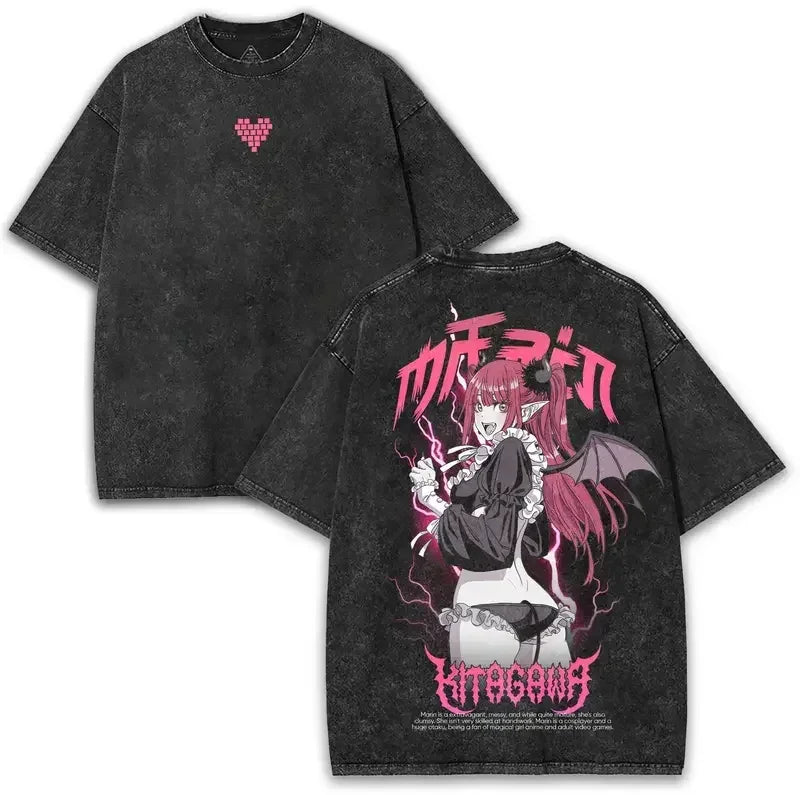 My Dress-Up Darling Kitagawa Marin Kawaii Graphic Print T-shirt Men Women Retro Washed O-neck Cotton Tee Oversize Summer New Top
