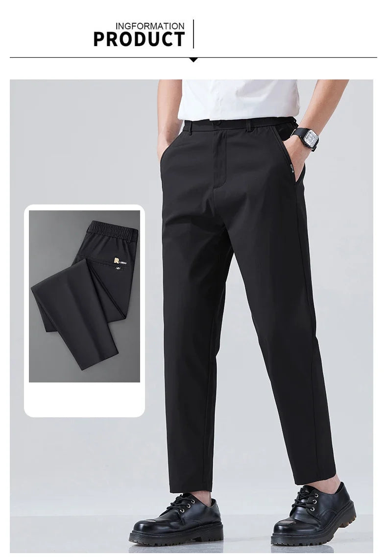 2026 Spring Summer Thin Ice Silk Suit Pants Men's Business Straight Slim High Elastic Ankle Length Casual Pants Male
