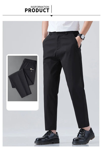 2026 Spring Summer Thin Ice Silk Suit Pants Men's Business Straight Slim High Elastic Ankle Length Casual Pants Male