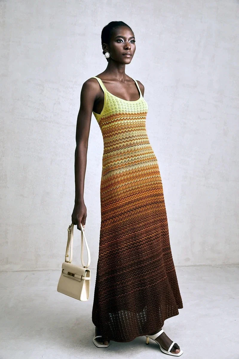 Luxury Brand Design Women Elegant Boho African Golden Sequins Maxi Sleeveless Evening Party Vacation Dress Knitted Lady Clothing