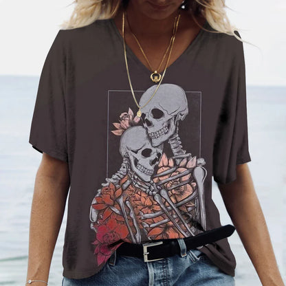 Skulls T-shirt Women's Shirt Fashion Short Sleeve New Casual Top Tee Ladies Girl Clothing V Neck T Shirt For Women