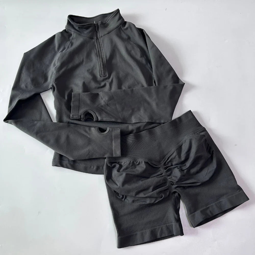 No Logo 2pcs Long Sleeve Yoga Set Women Half Zippy Jacket Longline Sports Top Gym Shorts Fitness Suits Running Coats Workout Set