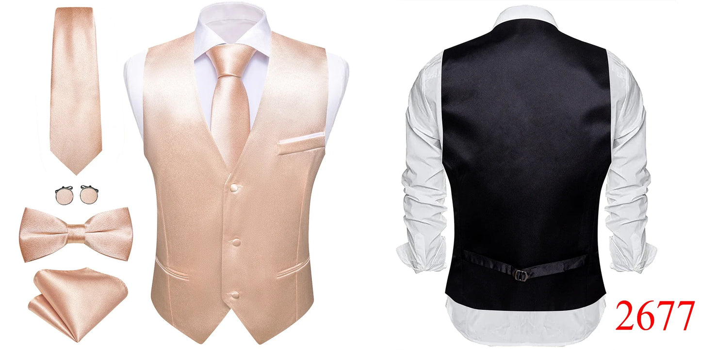 Elegant Silk Vest for Men Wedding Solid Gold Green Pink Purple Red Waistcoat Tie Bowtie Set Sleeveless Jacket Suit Barry Wang