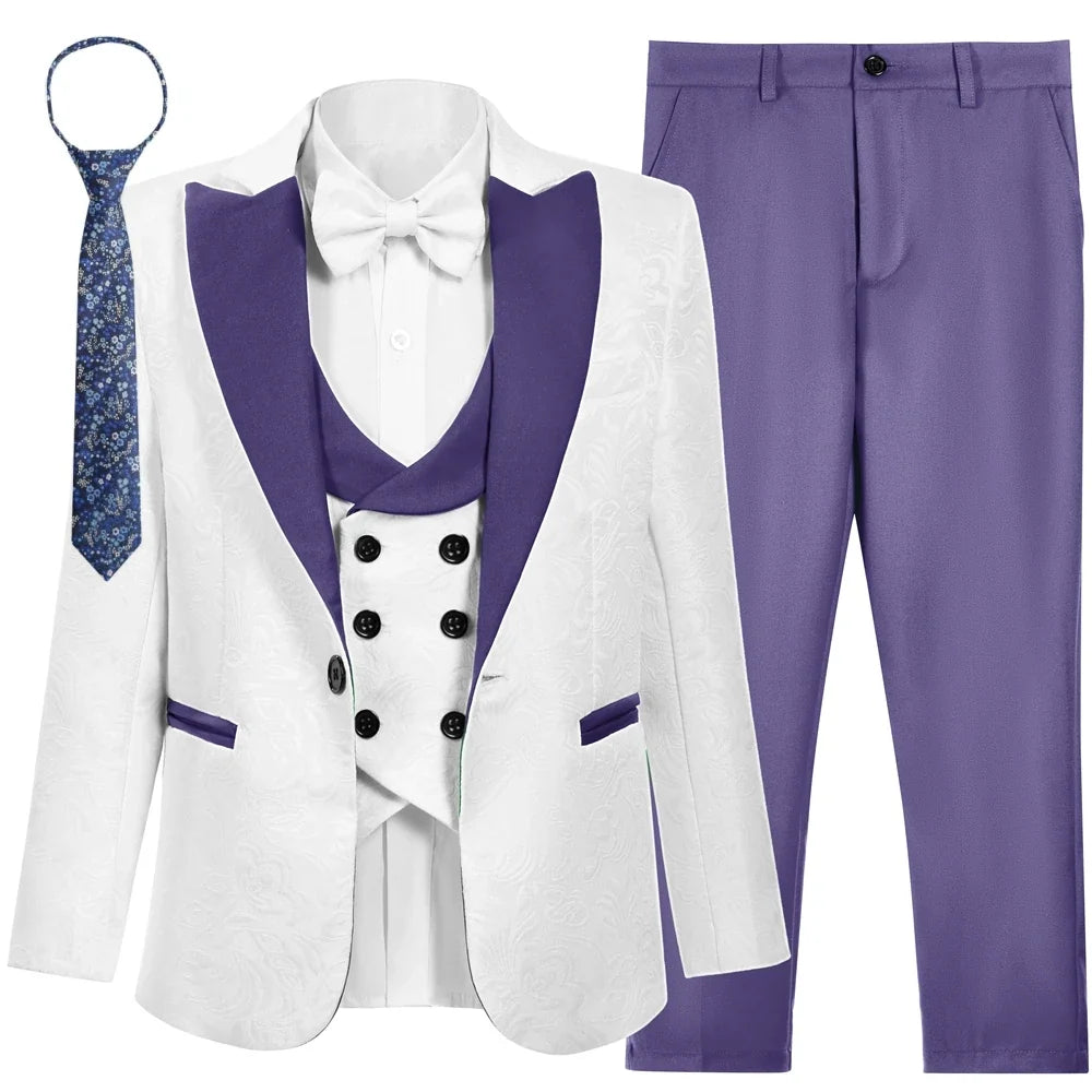 SHIP TODAY Boy's Jacquard Suit for Formal Occasion, Wedding Ring Bearer Suits, Luxury 5-Piece Set Jacket Vest Pants Bowtie & Tie