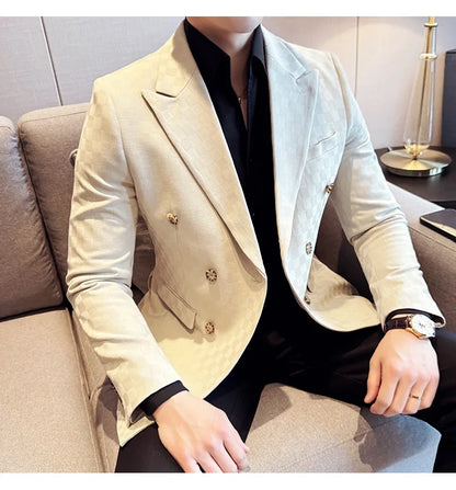 6 Color Luxury Double Breasted Blazers Coats 2024 New Fashion Checkered Business Slim Fit Social   Formal Suit Jacket 5XL-M