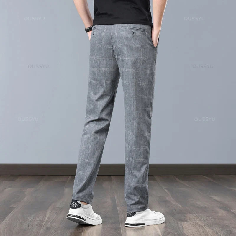Summer High-Quality Classics Plaid Work Stretch Thin Pants Men Business Fashion Grey Black Party Casual Formal Trousers Male 38