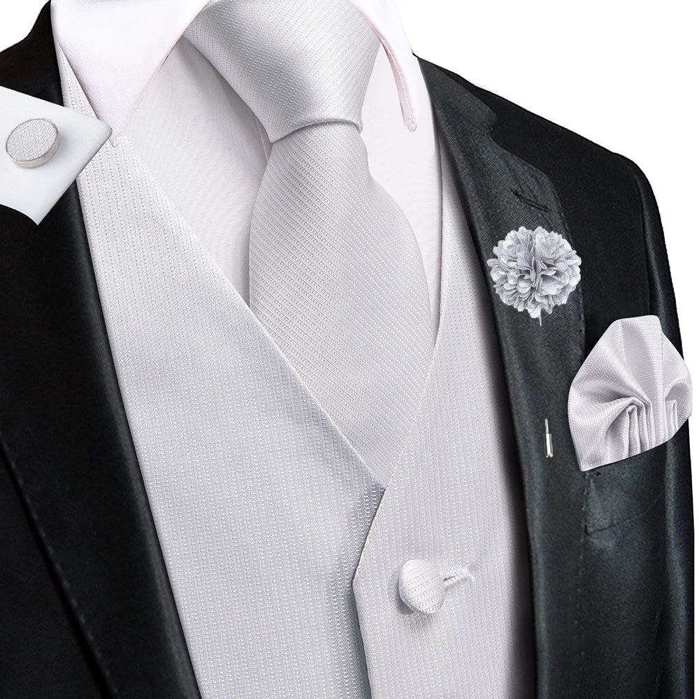 Navy Blue Mens Silk Vests Business Paisley V-Necl Waistcoat Tie Hanky Cufflinks Brooch Set for Men Suit Wedding Formal Hi-Tie