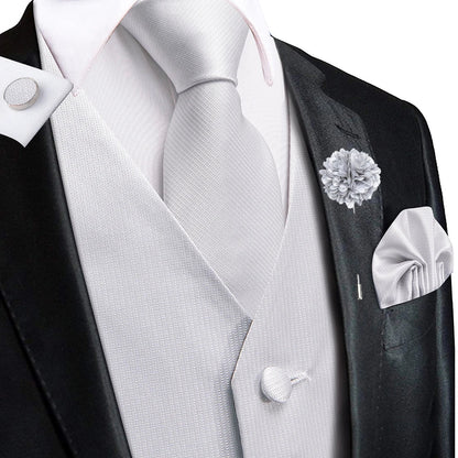 Navy Blue Mens Silk Vests Business Paisley V-Necl Waistcoat Tie Hanky Cufflinks Brooch Set for Men Suit Wedding Formal Hi-Tie