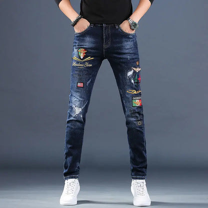 Harajuku Fashion Men's High-end Embroidered Jeans Korean Style Prints Patches Slim Fit Casual Spring Autumn Cowboy Trousers