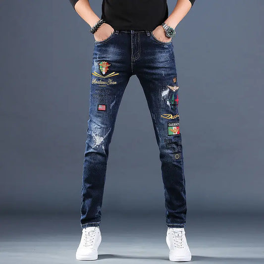 Harajuku Fashion Men's High-end Embroidered Jeans Korean Style Prints Patches Slim Fit Casual Spring Autumn Cowboy Trousers