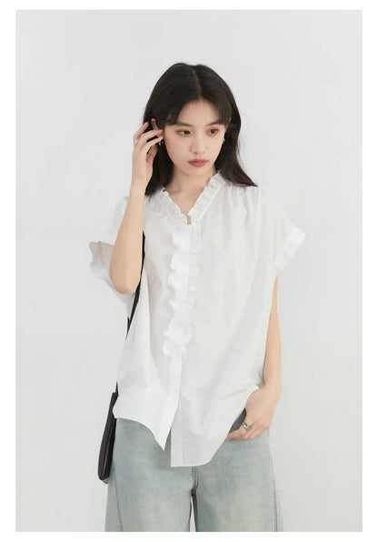 Women Shirts Loose Casual Cotton Ruffled Edge White Short Sleeved Shirt Female Blouses for Woman Summer 2025