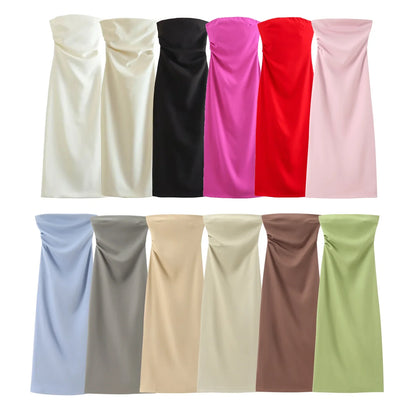 Women Fashion Summer New Sexy Split Back Zip Pleated Sleeveless Strapless Dress Chic Female French Elegant Evening
