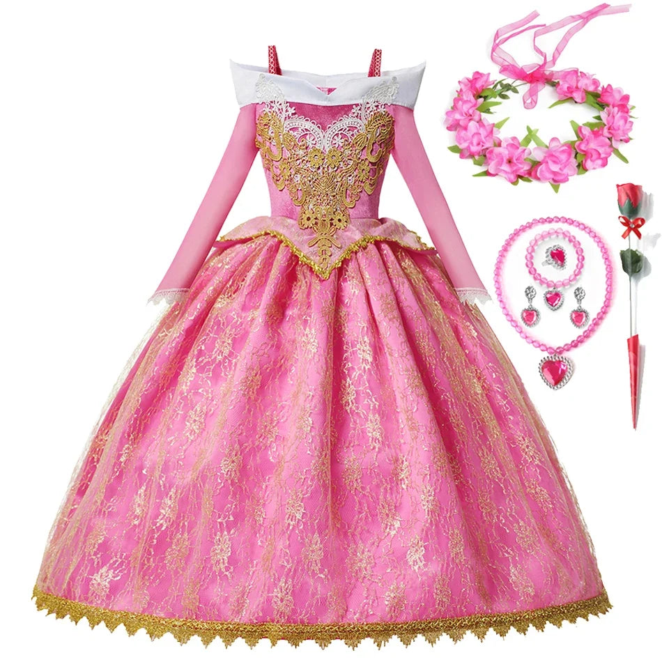 Girls Princess Dress Sleeping Beauty Aurora Cosplay Costume 2025 Kids Carnival Birthday Party Pink  Long Sleeve  Evening Dresses