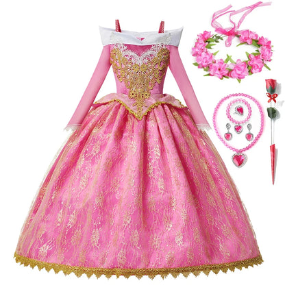 Girls Princess Dress Sleeping Beauty Aurora Cosplay Costume 2025 Kids Carnival Birthday Party Pink  Long Sleeve  Evening Dresses
