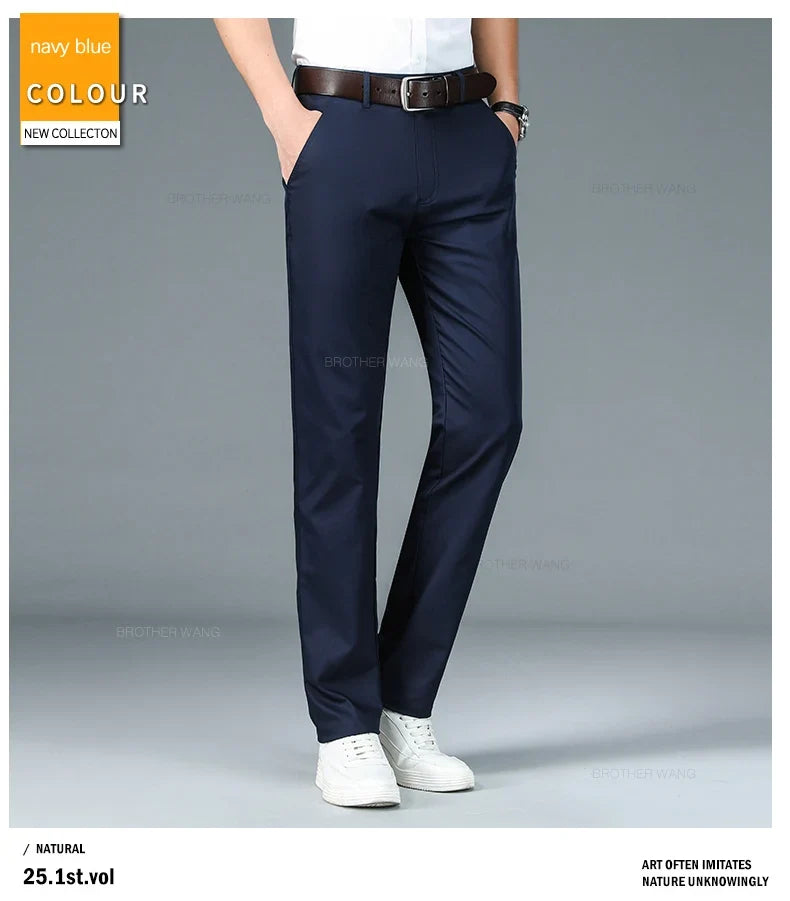 Bamboo Fiber Fabric Men's Casual Pants Summer New Ultra-thin Elastic Soft Straight Business Trousers Classic Black Khaki Gray