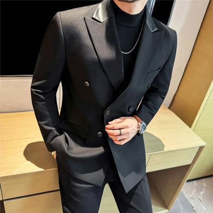 (1 Pcs Jackets) New Thicken Thicken Striped Casual Suit Jacket Fashion Splicing Leather Neck Men's Business Slim Blazers Tuxedos