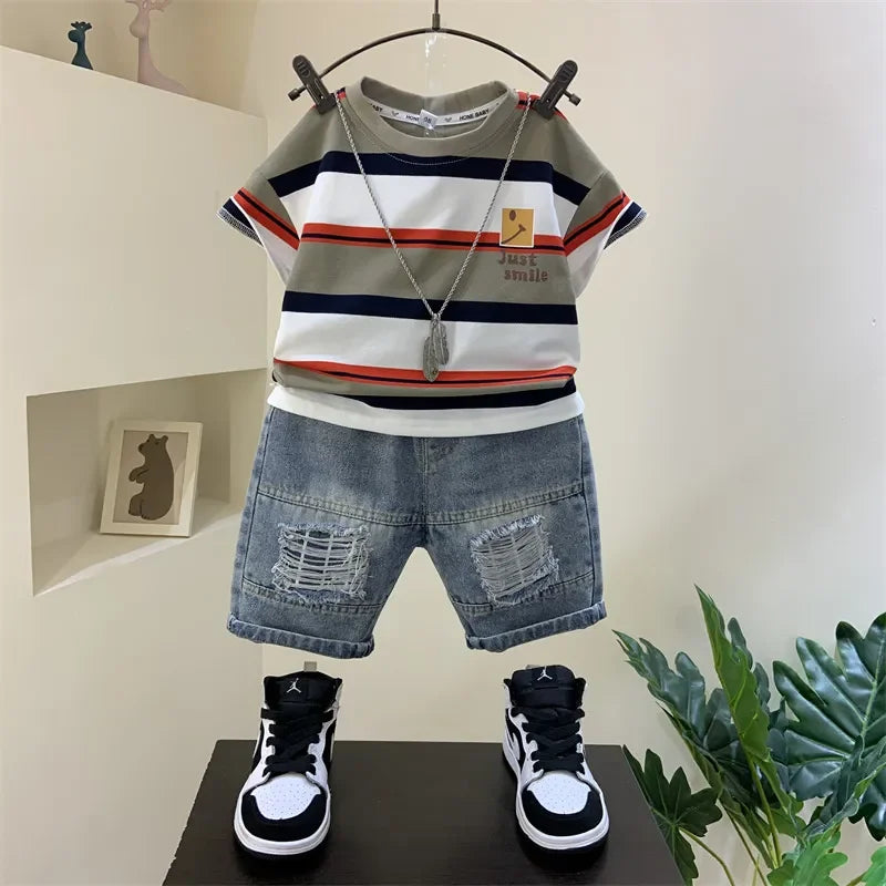 Korean Children's Summer Clothes Kids Set Outfits Boys 2026 Handsome Sleeveless&Short Sleeved T-shirt Denim Shorts 2-piece Set