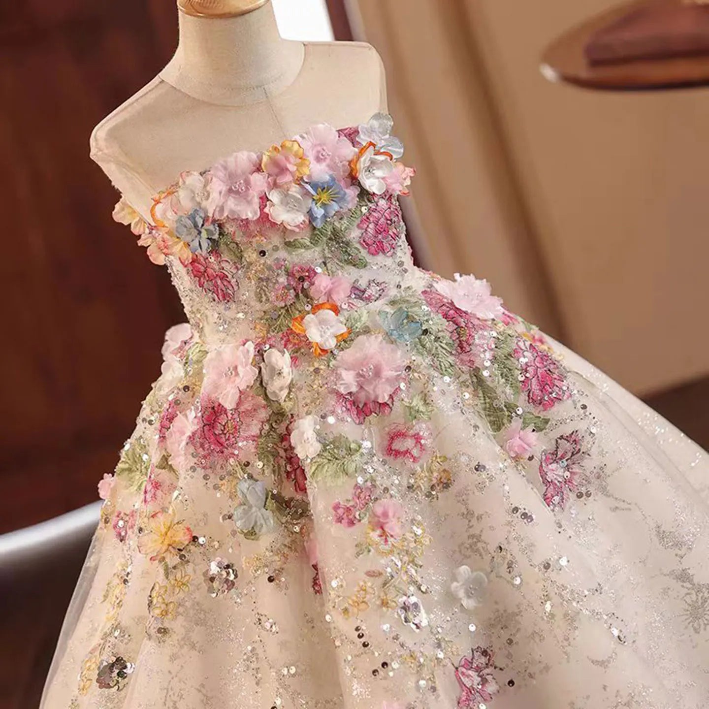 J292 Floral Luxury Long Handmade Flowers Beads Girl Dress for Princess Wedding Birthday Party Gowns vestidos de novia