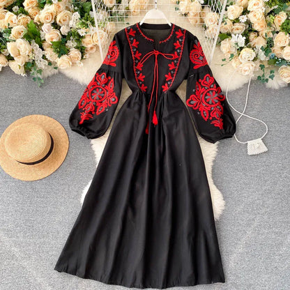 n Sle Embroidered Flower Long Sve Loose Fit Lantern Sve Gathered Slimming A-Line Dr Women's round Ne Dr