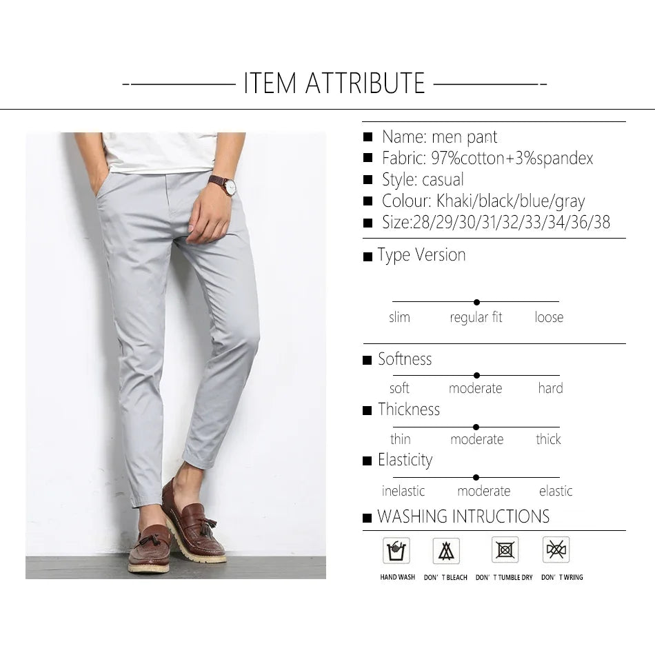 Summer Men Fashions Solid Color Casual Pants Men Straight Slight Elastic Ankle-Length High Quality Formal Trousers Men