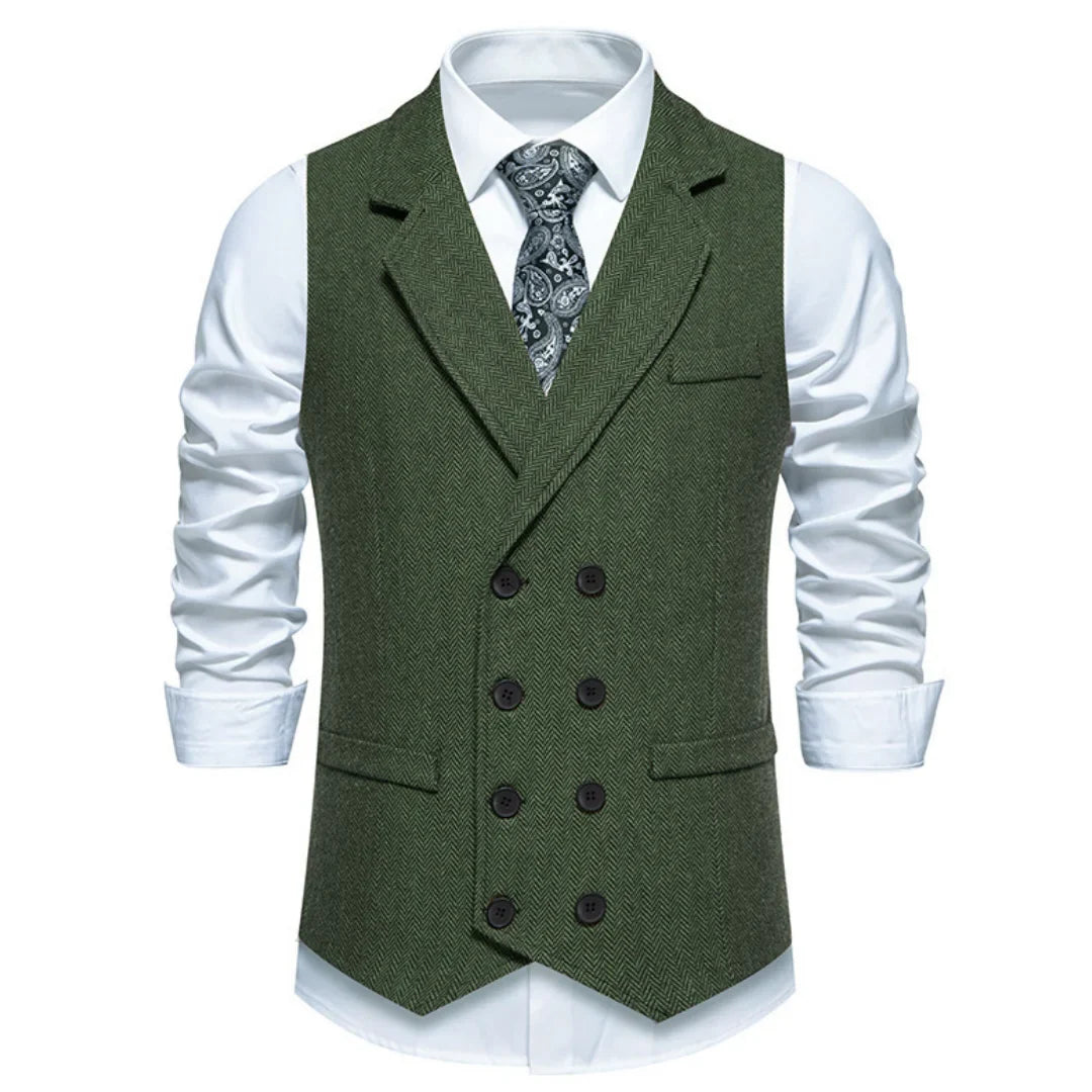 Men Vest Gray Herringbone Double Button With Lapel Waistcoat For Wedding Groom Business Banquet Office Work Men Suit Vest