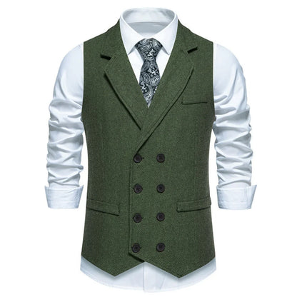 Men Vest Gray Herringbone Double Button With Lapel Waistcoat For Wedding Groom Business Banquet Office Work Men Suit Vest
