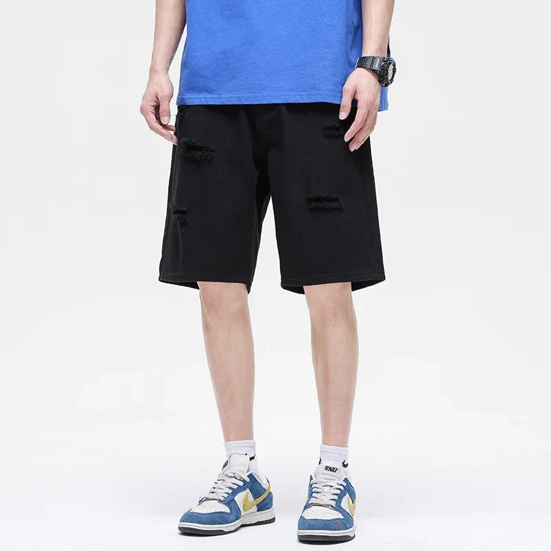 Summer New White Casual Men's Denim Shorts Ripped Fashion Loose Straight Street Bermuda Jeans Male Hole Short Pants