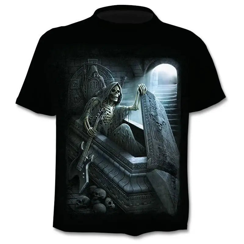 New retro street punk motorcycle men's T-shirt 3D shirt casual fashion hip-hop horror short sleeved round neck men's clothing