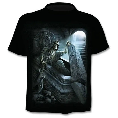 New retro street punk motorcycle men's T-shirt 3D shirt casual fashion hip-hop horror short sleeved round neck men's clothing