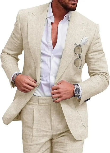 Linen Causal Men Suits for Beach Party Solid Color Business Two Pieces Wedding Tuxedo Set Peak Lapel Suit Jacket with Pants
