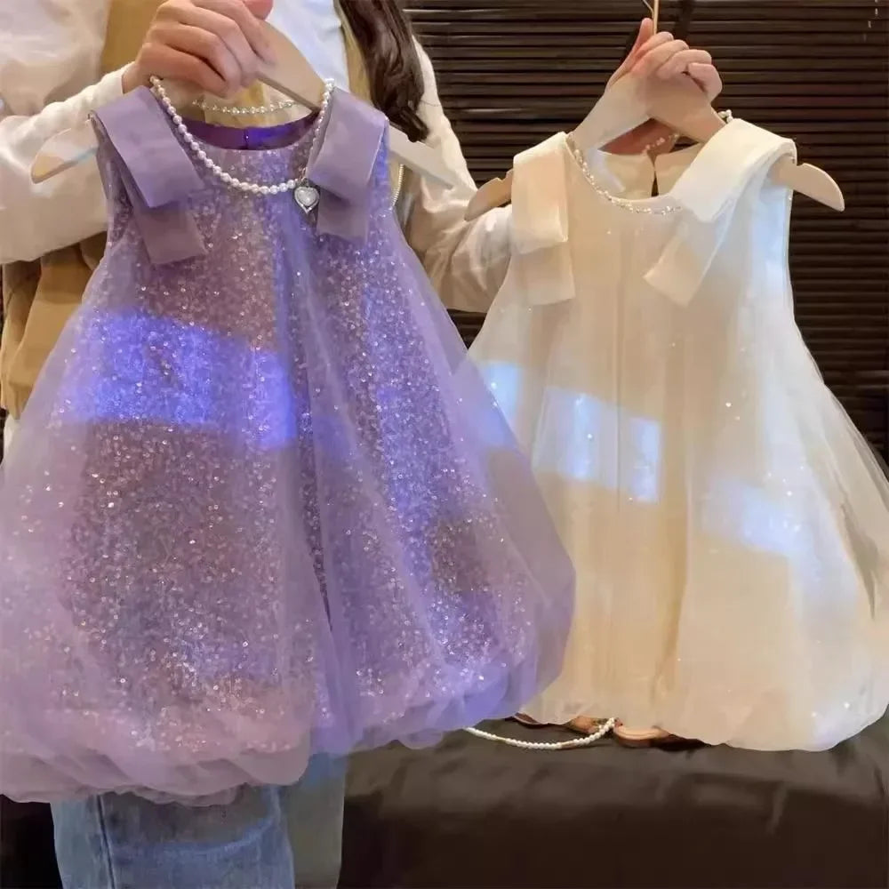 Summer New Girls' Sequined Lace Bow Bubble Princess Dress Korean Version Fashionable Solid Color Kids Clothes 2-7 Years Old