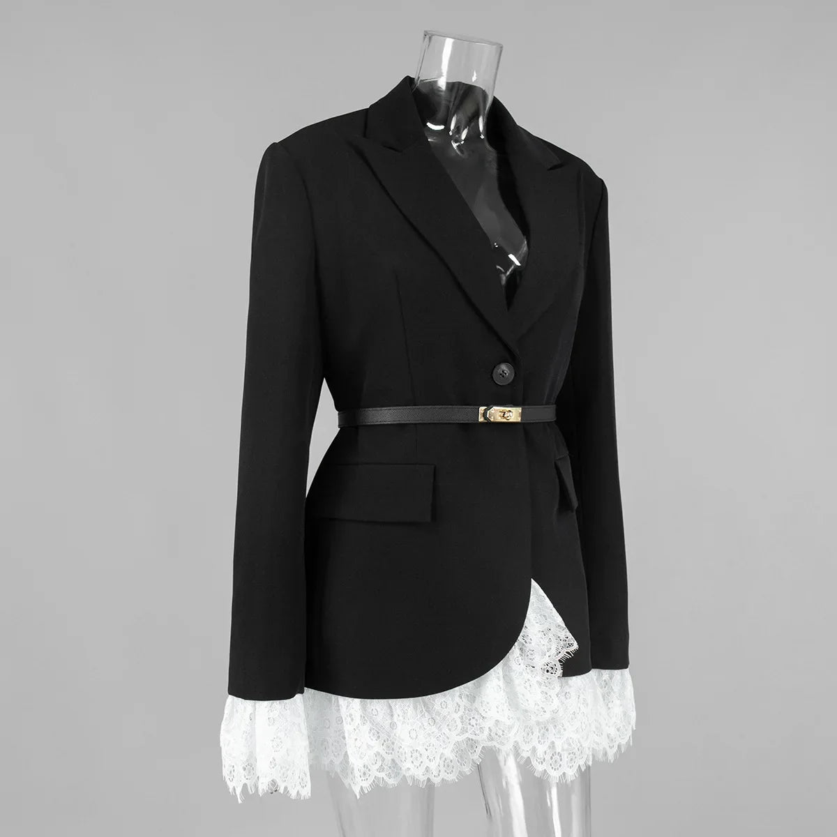 Spring Autumn Elegant Lace Splicing Blazer V-Neck Oversized Black Coat Chic Streetwear Women