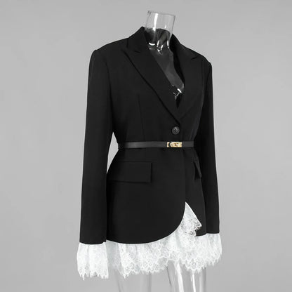 Spring Autumn Elegant Lace Splicing Blazer V-Neck Oversized Black Coat Chic Streetwear Women