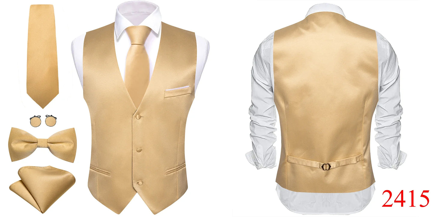 Elegant Vest for Men Pink Solid Satin Waistcoat Tie Bowtie Hanky Set Sleeveless Jacket Wedding Formal Male Gilet Suit Barry Wang