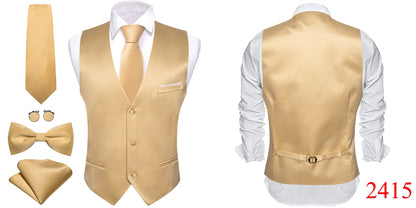 Elegant Vest for Men Pink Solid Satin Waistcoat Tie Bowtie Hanky Set Sleeveless Jacket Wedding Formal Male Gilet Suit Barry Wang
