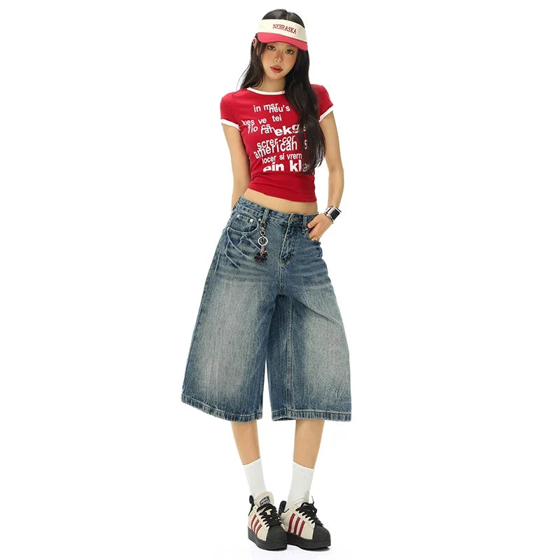 Vintage Washed Loose Straight Leg Denim Capri Men Women Lightning Print Streetwear Shorts